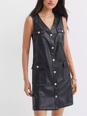 ☀️ New! LOFT Faux Leather Mini Pocket Dress with Gold Buttons